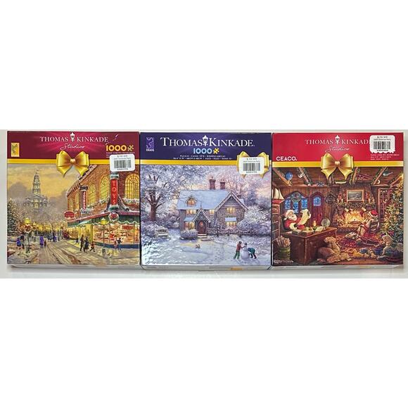 New Sealed Set of 3 Thomas Kinkade 1000pc Puzzles 3328-43, 3328-57, 3328-49 - Picture 1 of 2